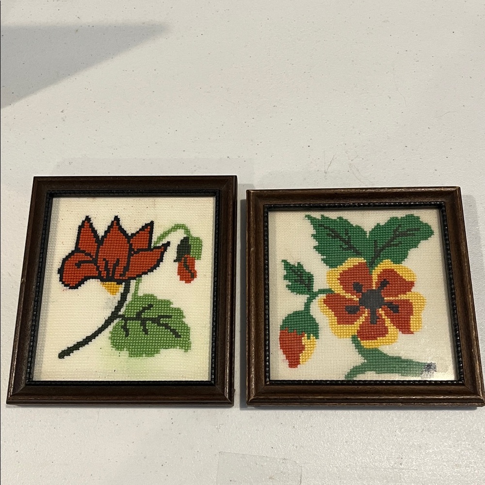 Vintage Wood framed needlepoint plant flowers pair set